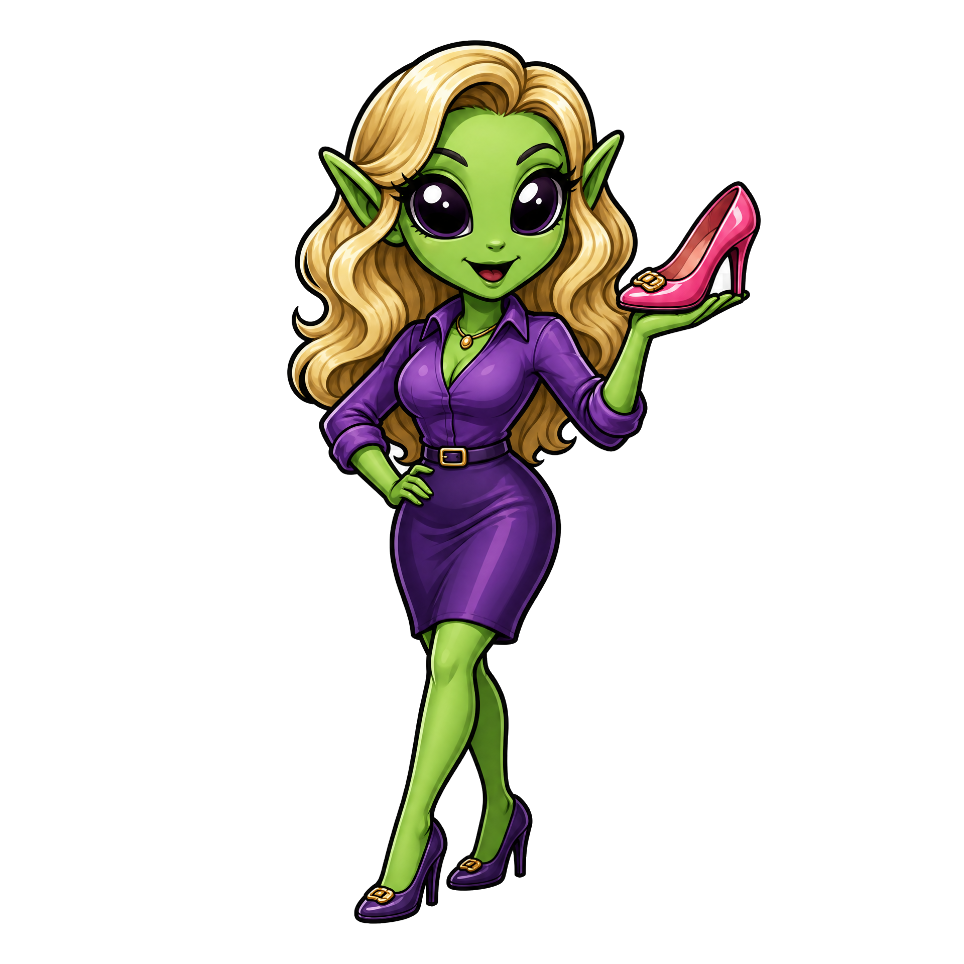 The alien shoe salesman’s girlfriend in her purple boutique outfit and high heels