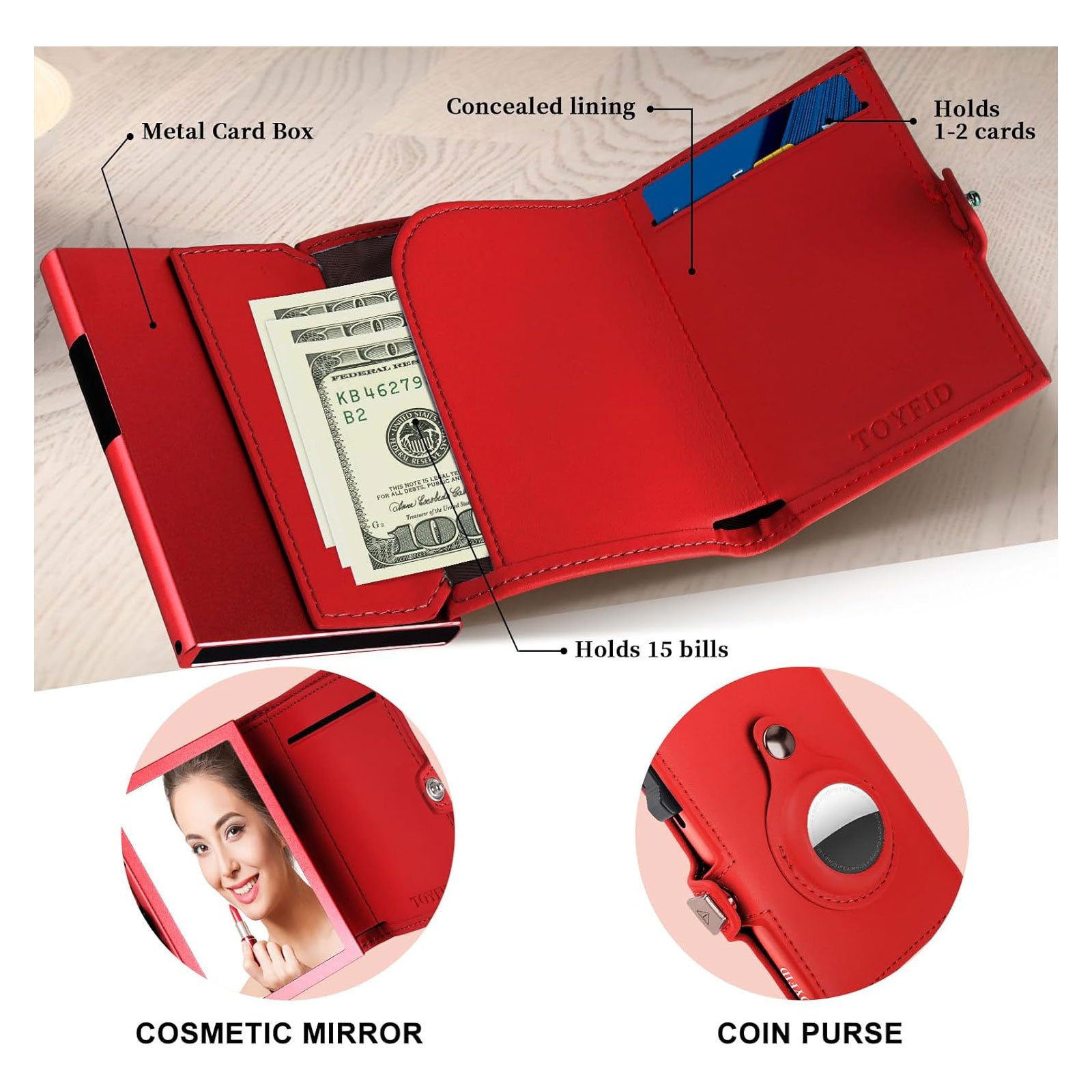 Women Wallet for Airtag, Small Pretty Wallet with Mirror for Women,Pop Up Wallet Compatible with Airtag, Tri-fold Genuine Leather Wallet Women with Mirror - Image 4