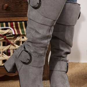 Suede Double Buckled Side Zipped Mid-calf Boots