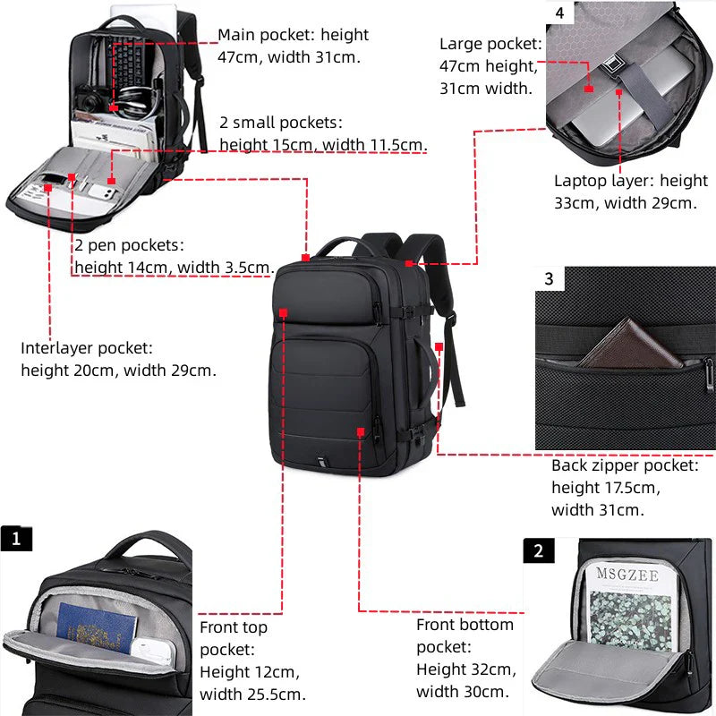 Expandable 17-Inch Laptop Backpack for Men 11 Pockets Black - Image 4