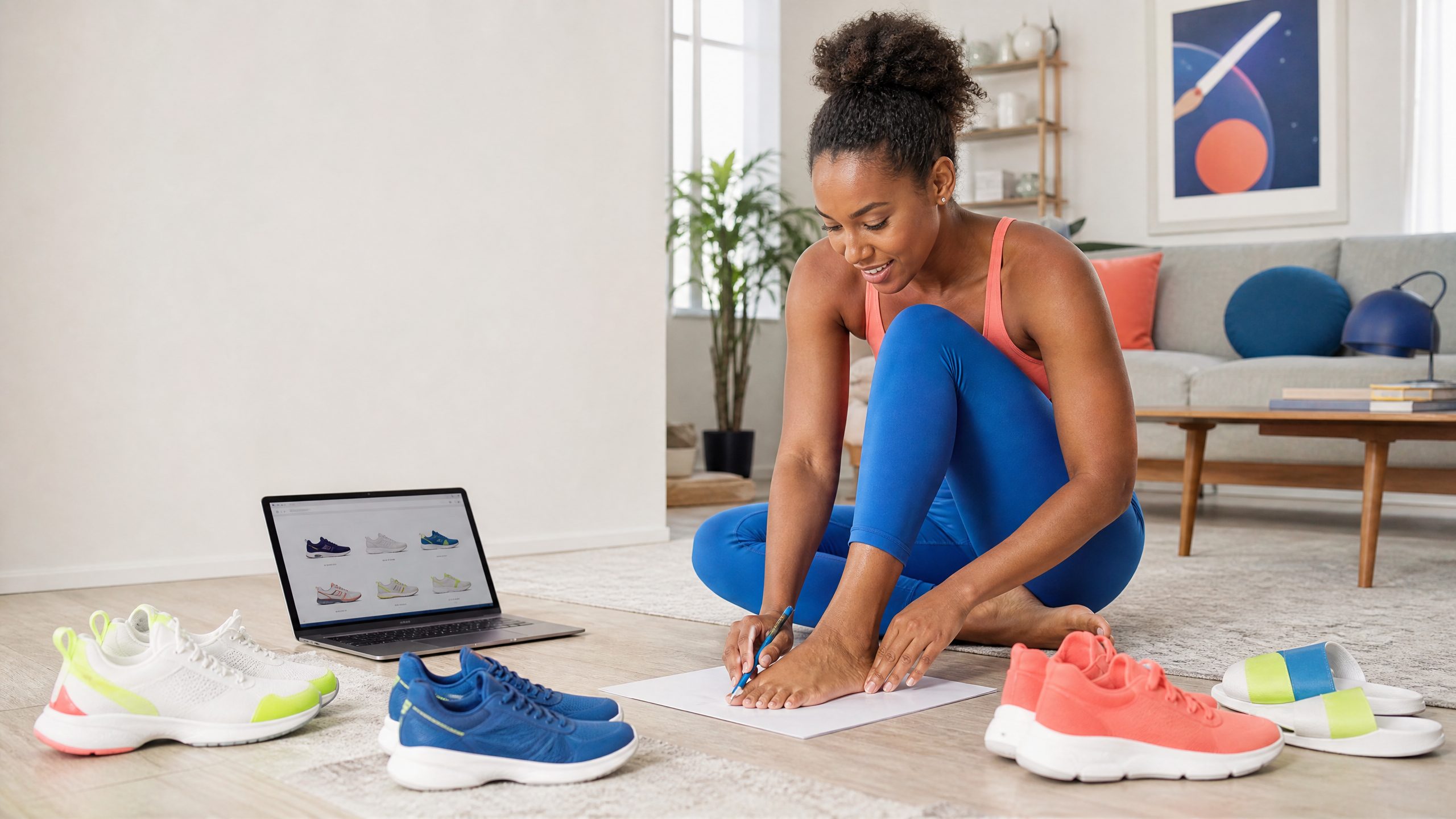 Athlete measuring her foot before shopping for shoes online